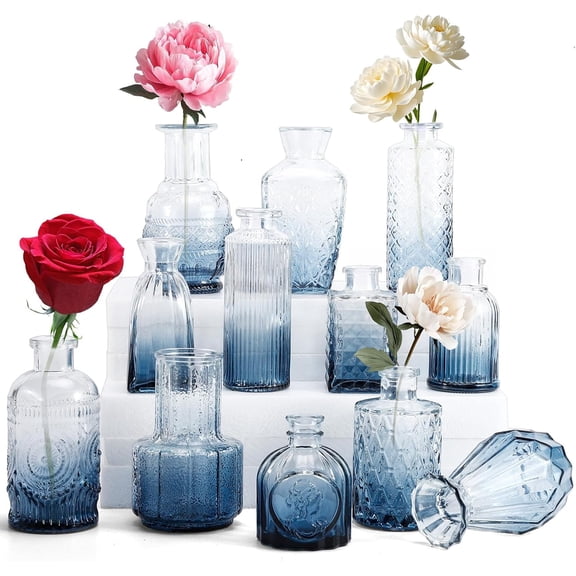 Glass Bud Vases Set of 12, Blue Bud Vases for Flowers, Small Glass Vase for Centerpieces, Mini Vintage Flower Vase for Home Wedding PartiesTable Decoration