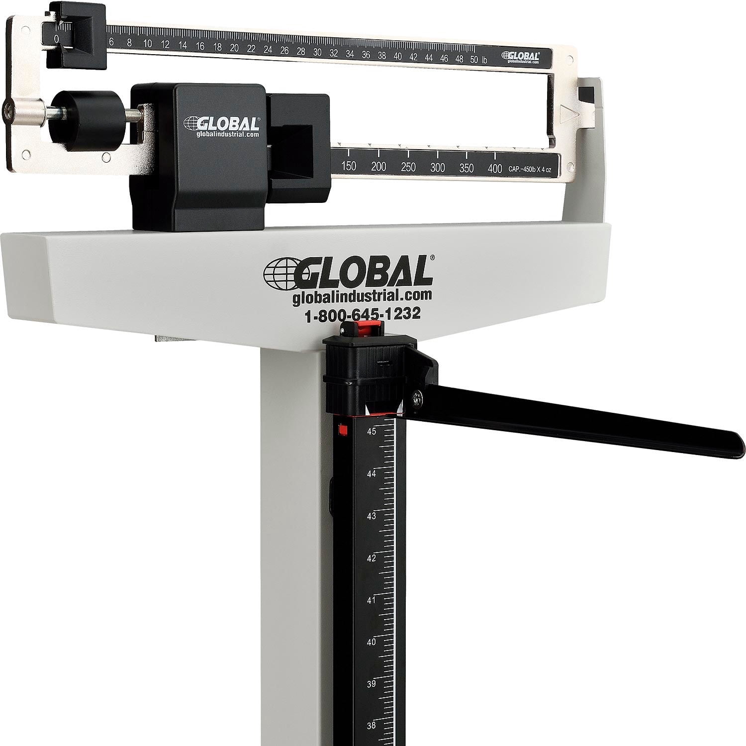 Physician Beam Scale with Height Rod, 450 Lbs Capacity, 10-7/8"L x 20-7/8"W x 58-7/16"H