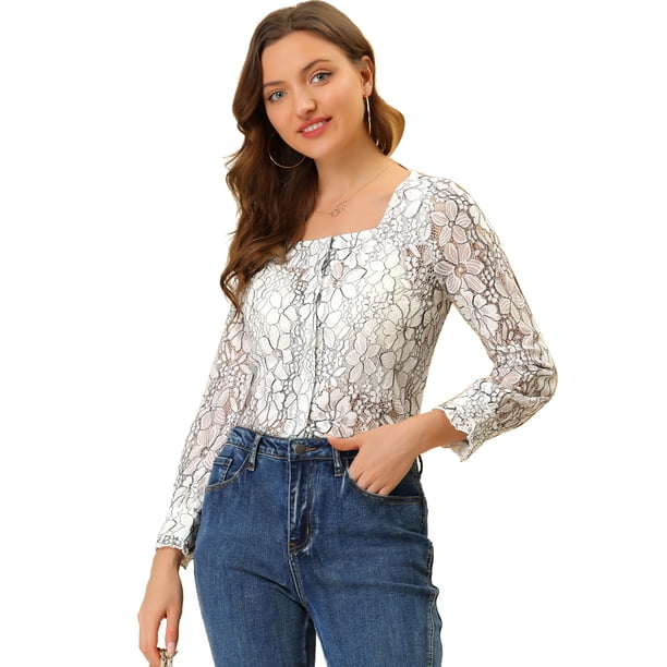 INSPIRE CHIC Blusa con botones y manga larga de encaje floral semitransparente con cuello cuadrado para mujer blanco S