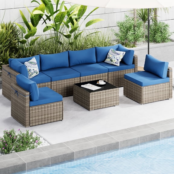 YouTrend Patio Furniture Set, 7 Pieces Outdoor Wicker Furniture Set with Wicker Couch and Coffe Table, Sectional Sofa for Garden Backyard, Blue
