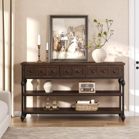 PYY 52.5" Extra-Long Farmhouse Console Table, 3 Drawers & Bottom Storage Shelf - Narrow Industrial Sofa Table Behind Couch for Entryway, Hallway, Living Room - Anti-Tip, Adjustable Feet - Brown