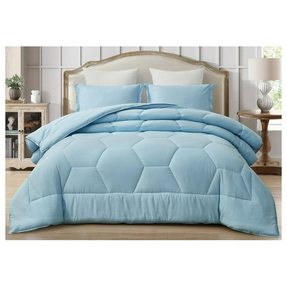 Chambray Blue Comforter Set Full Size 3-Piece Fluffy Soft Lightweight Bedding Honeycomb Geometric Stone-Washed Microfiber Comforter Set for All Season