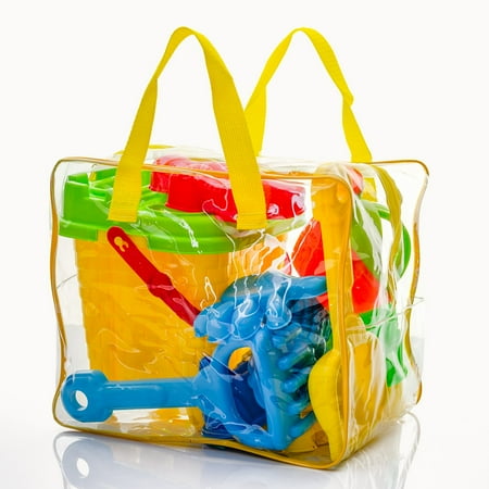 Beach Toys Bucket And Shovel Set 8 Piece In Zipper Bag With Handle Clear Re Usable Fun Play For Kids Castle Animal Molds Easy
