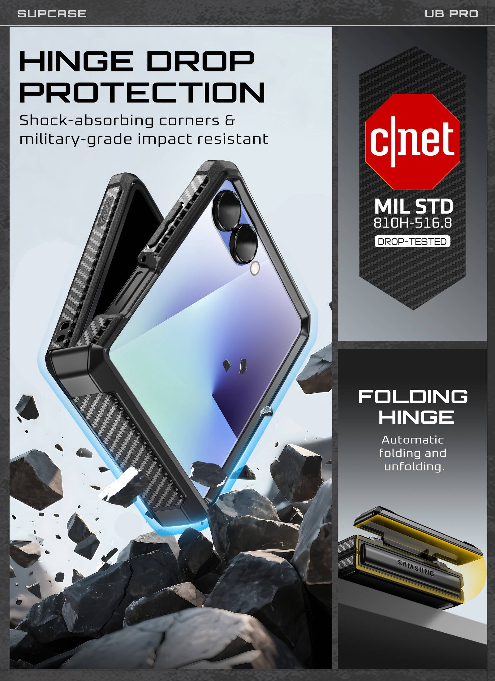 SUPCASE Unicorn Beetle Pro for Samsung Galaxy Z Flip 7 Case with Built-in Stand & Belt-Clip, [Hinge Protection] [Front Tempered Glass Screen Protector] Full Body Military-Grade Phone Cover, Black