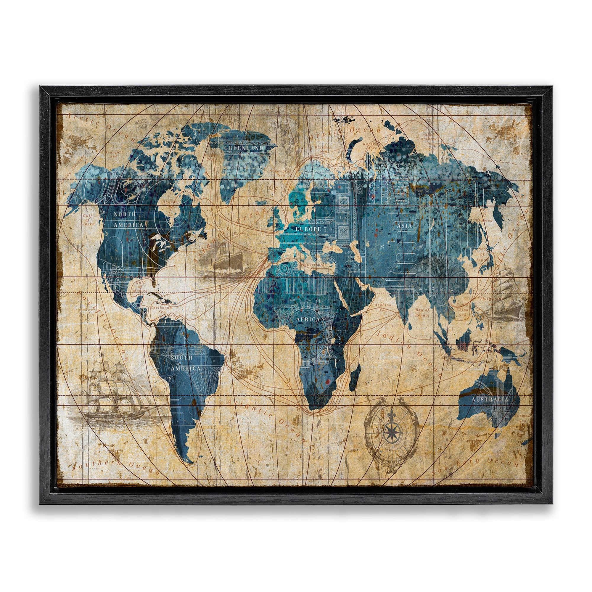 Stupell Industries Vintage Abstract World Map Design Jet Black Framed Floating Canvas Wall Art, 16x20, by Art Licensing Studio