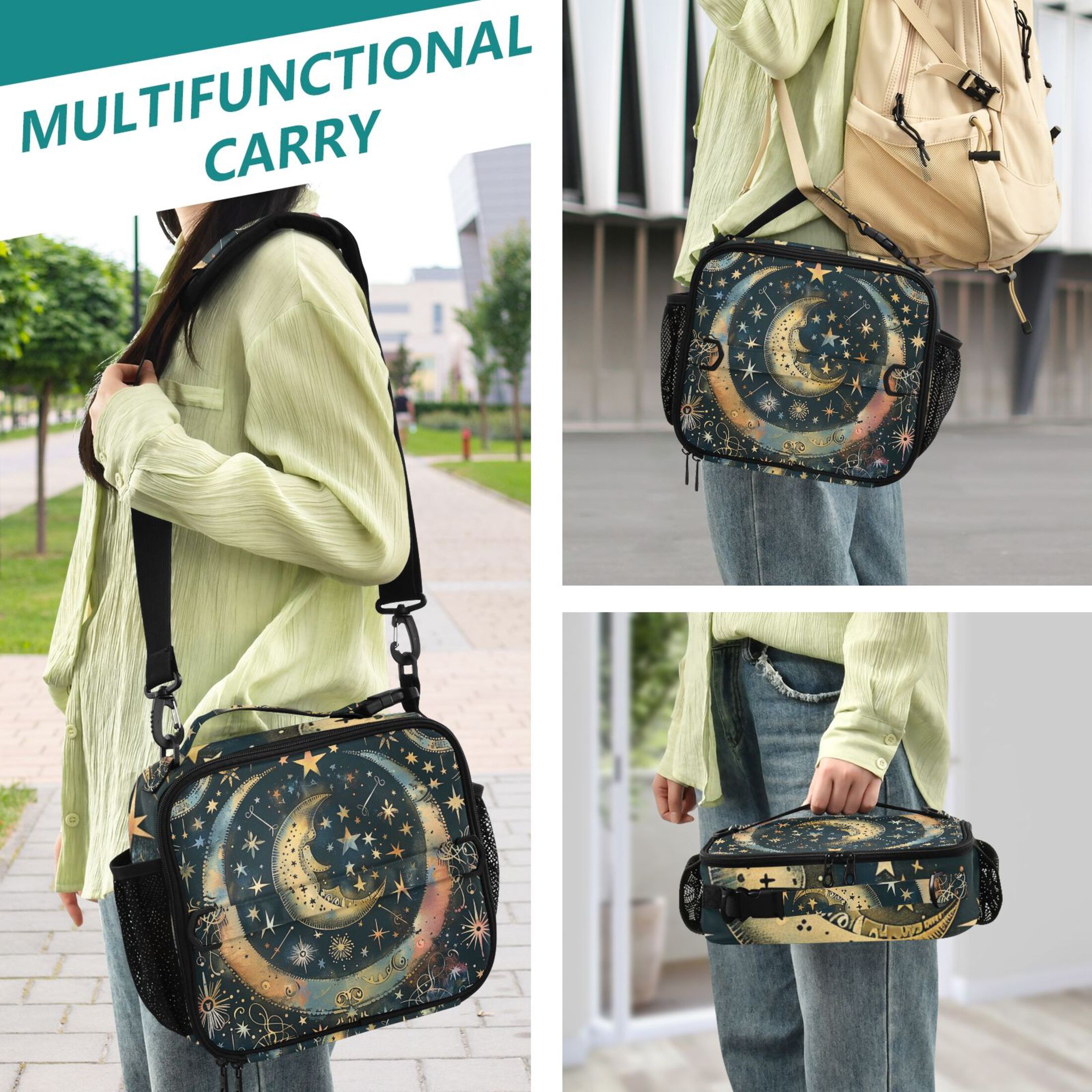ALAZA Bohemia Ethnic Moon and Star Lunch Box Insulated Lunch Bag Cooler Tote with Shoulder Strap
