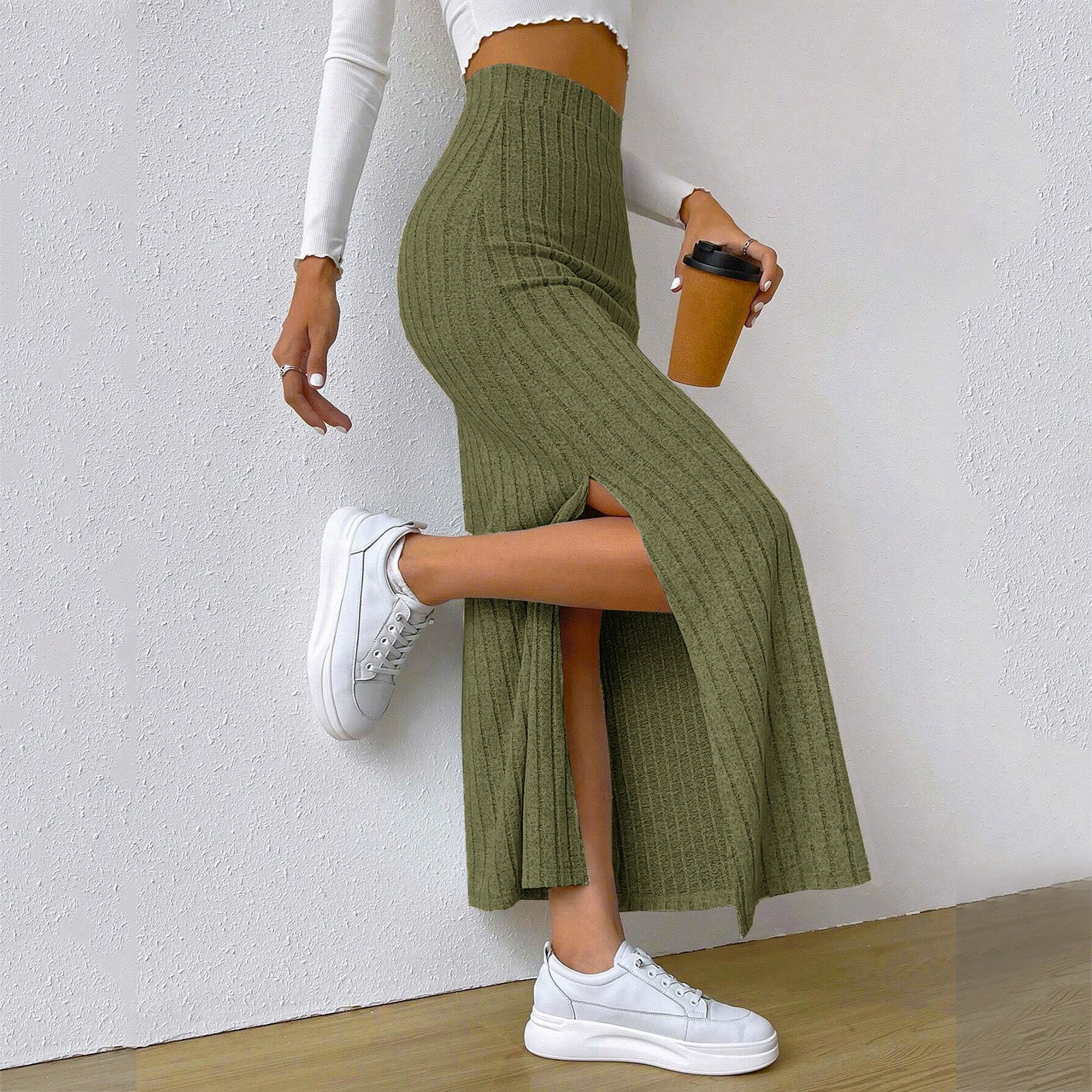 European And Border Spring And Summer Waisted Side Slit Slim Knitted ...