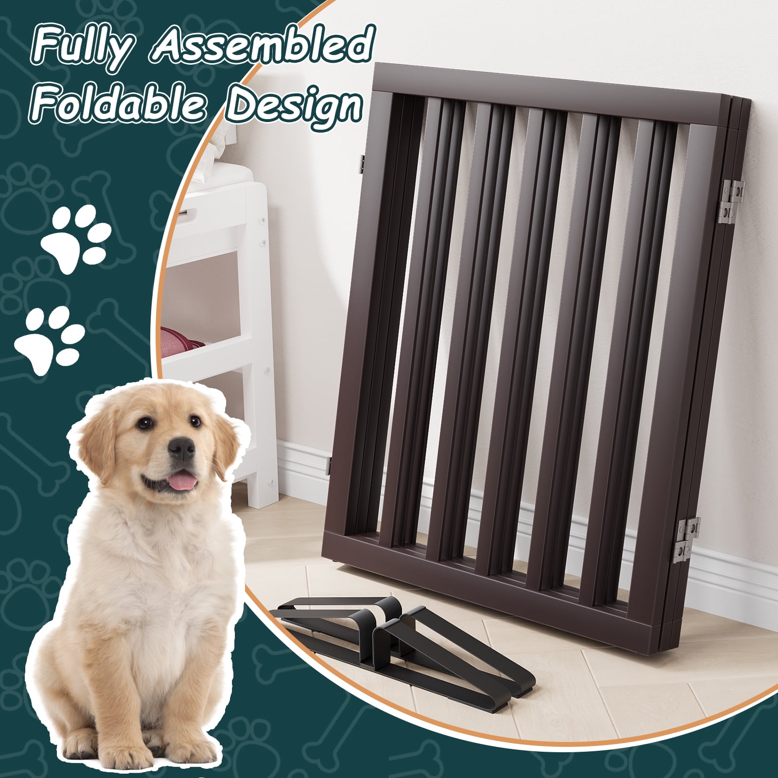 Algherohein Dog Gate for Inside,Bamboo Freestanding Pet Gate for Doorways,24" Brown