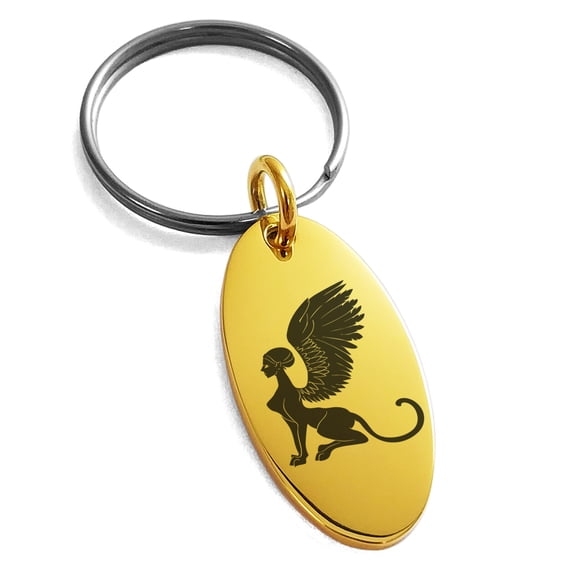 Stainless Steel Greek Mythology Shpinx Engraved Small Oval Charm Keychain Keyring