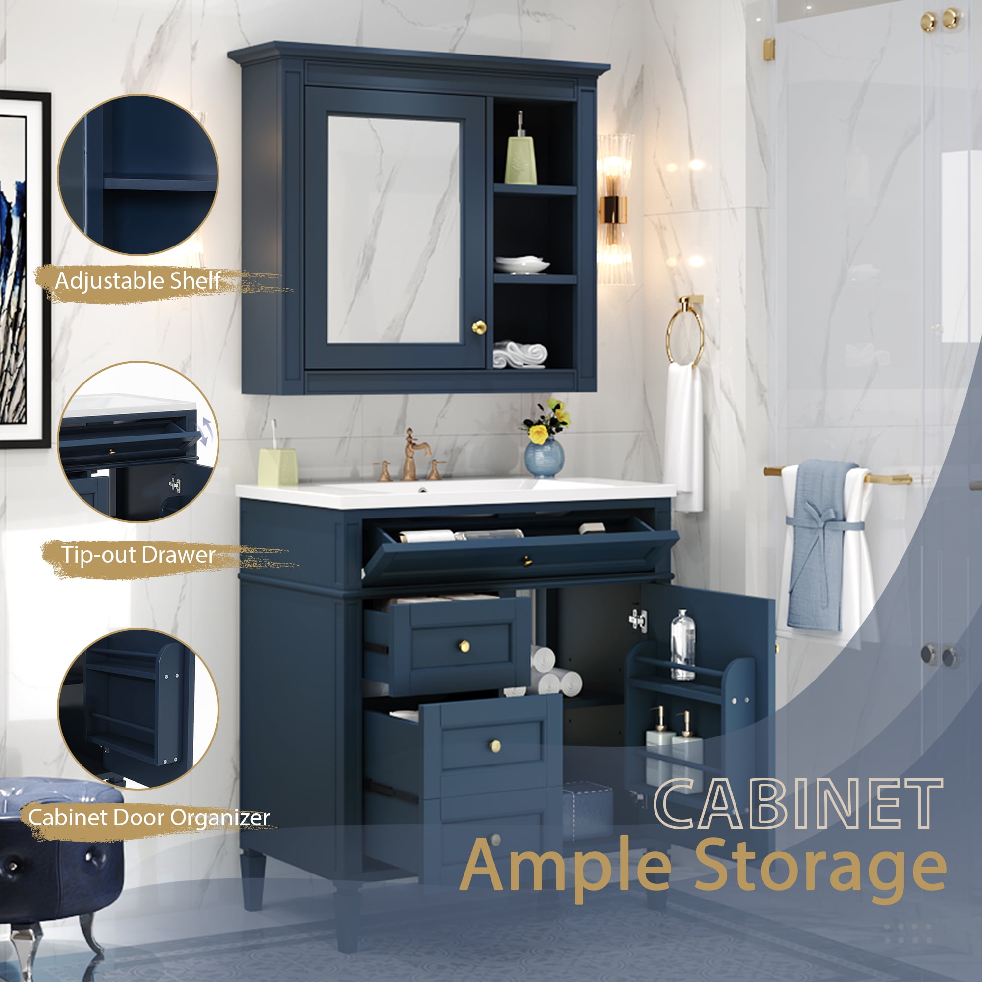 30'' Bathroom Vanity with Top Sink, Modern Bathroom Storage Cabinet with 2 Drawers and a Tip-out Drawer,  Freestanding Vanity Set with Mirror Cabinet, Single Sink Bathroom Vanity