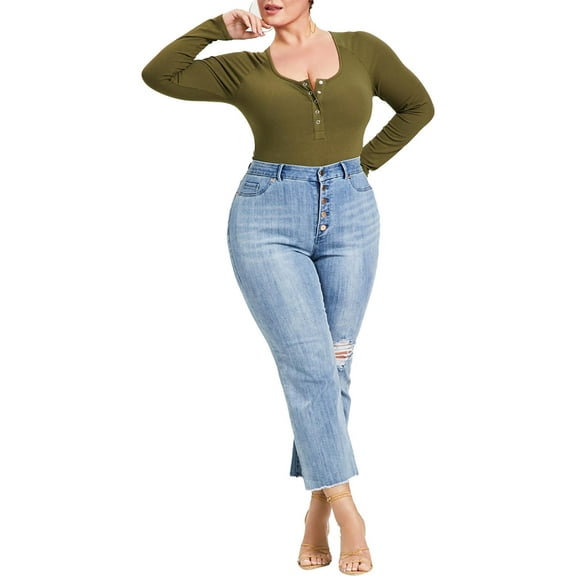 Nina Parker Trendy Plus Size Ribbed Henley Bodysuit Winter Moss 3X