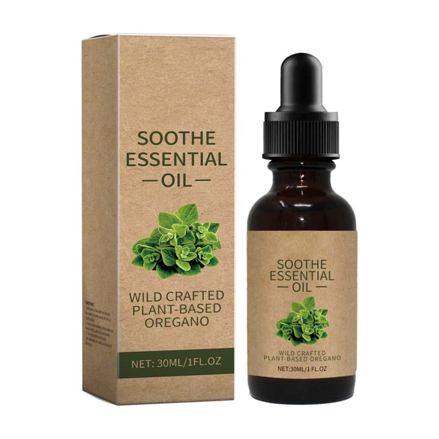 aceite calmante con orégano vegetal silvestre, aceite nutritivo para masaje corporal, 30 ml botella ámbar de 30 ml con gotero negro y etiqueta marrón con ilustración de hojas de orégano; caja de embalaje a la izquierda con el mismo diseño y texto visible, vista frontal, se usa para masajes corporales según la descripción del producto.