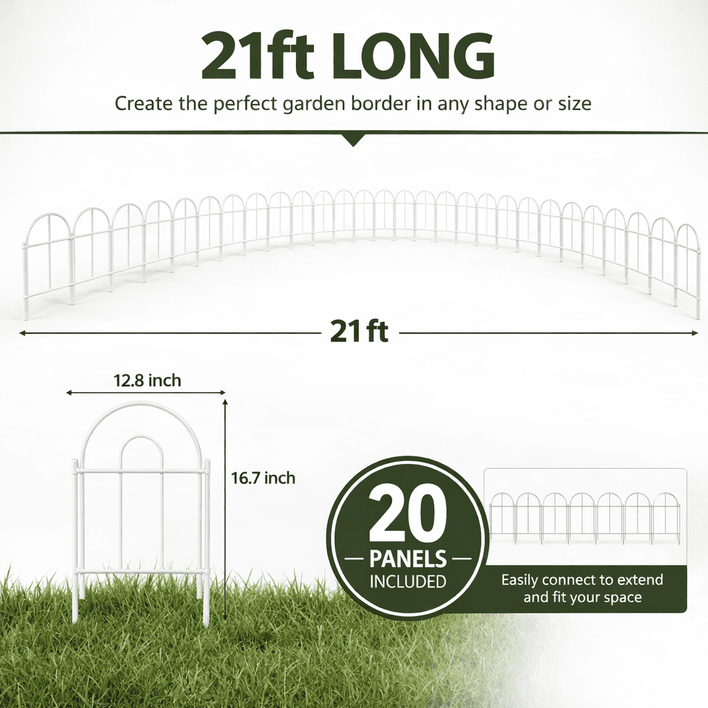 Y&M Decorative Garden Folding Border Fence 16.7in X21ft Rustproof Metal Wire Edging Flower Bed Fences Panel Outdoor White Garden Fencing Edge Patio Landscape