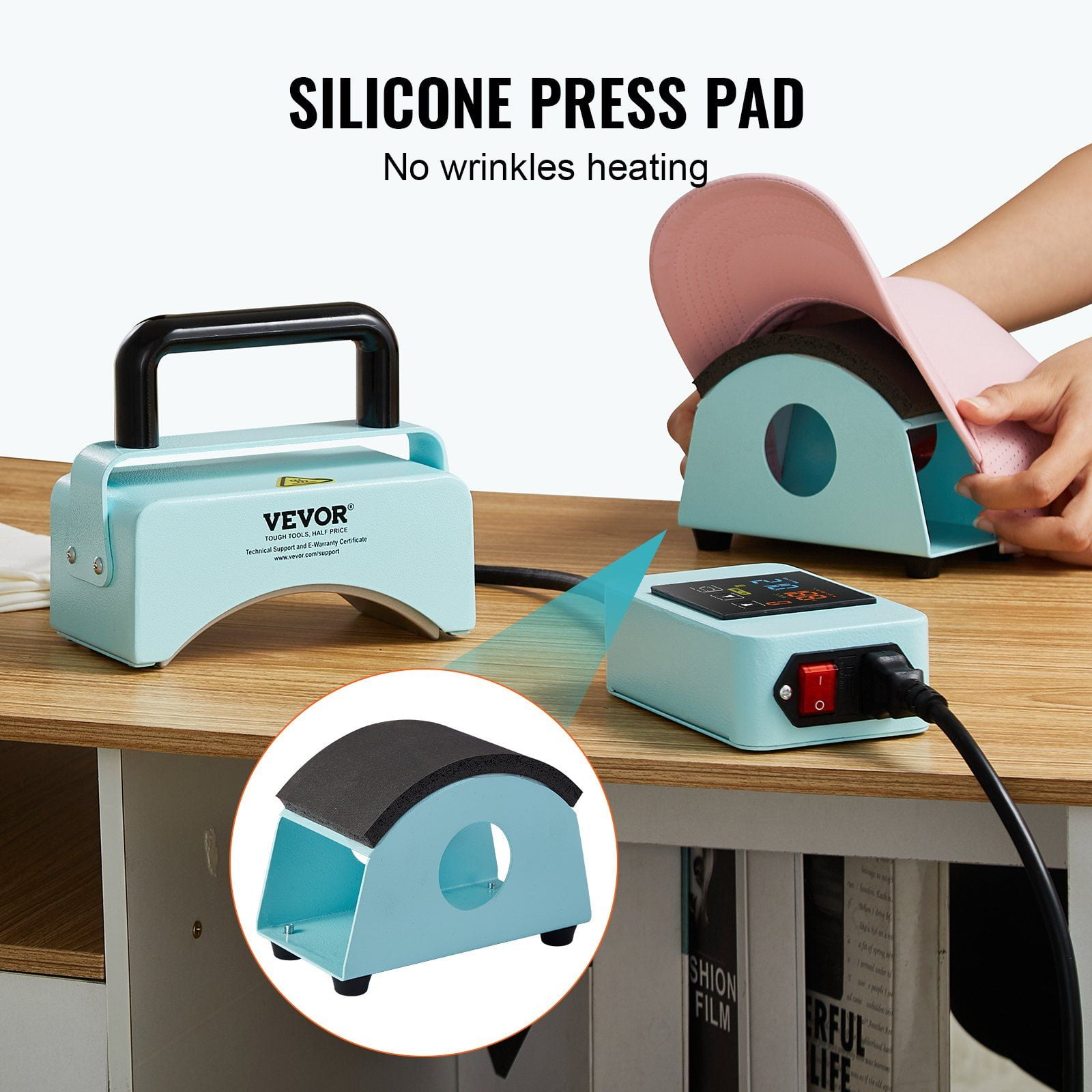 Mini Hat Heat Press Machine with 5.9x3.15 Inch Curved Plate Integrated Control Panel Safety Base Glove Auto Shut Off Green