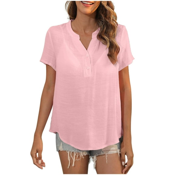 Women's Linen Shirts Summer Short Sleeved T-Shirts Casual Loose Cotton Linen Blouses Solid Color V-Neck Pullover Tops