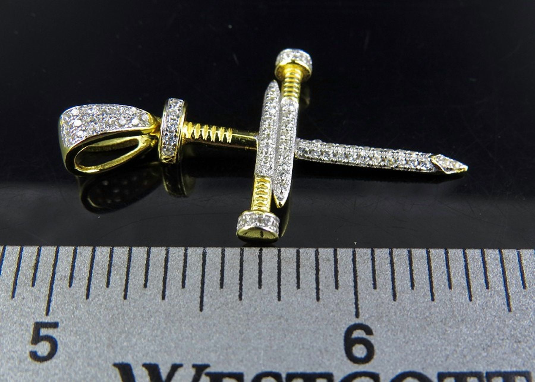 Yellow Gold Finish Sterling Silver Simulated Diamond Nail Cross Pendant 1.4 Inch