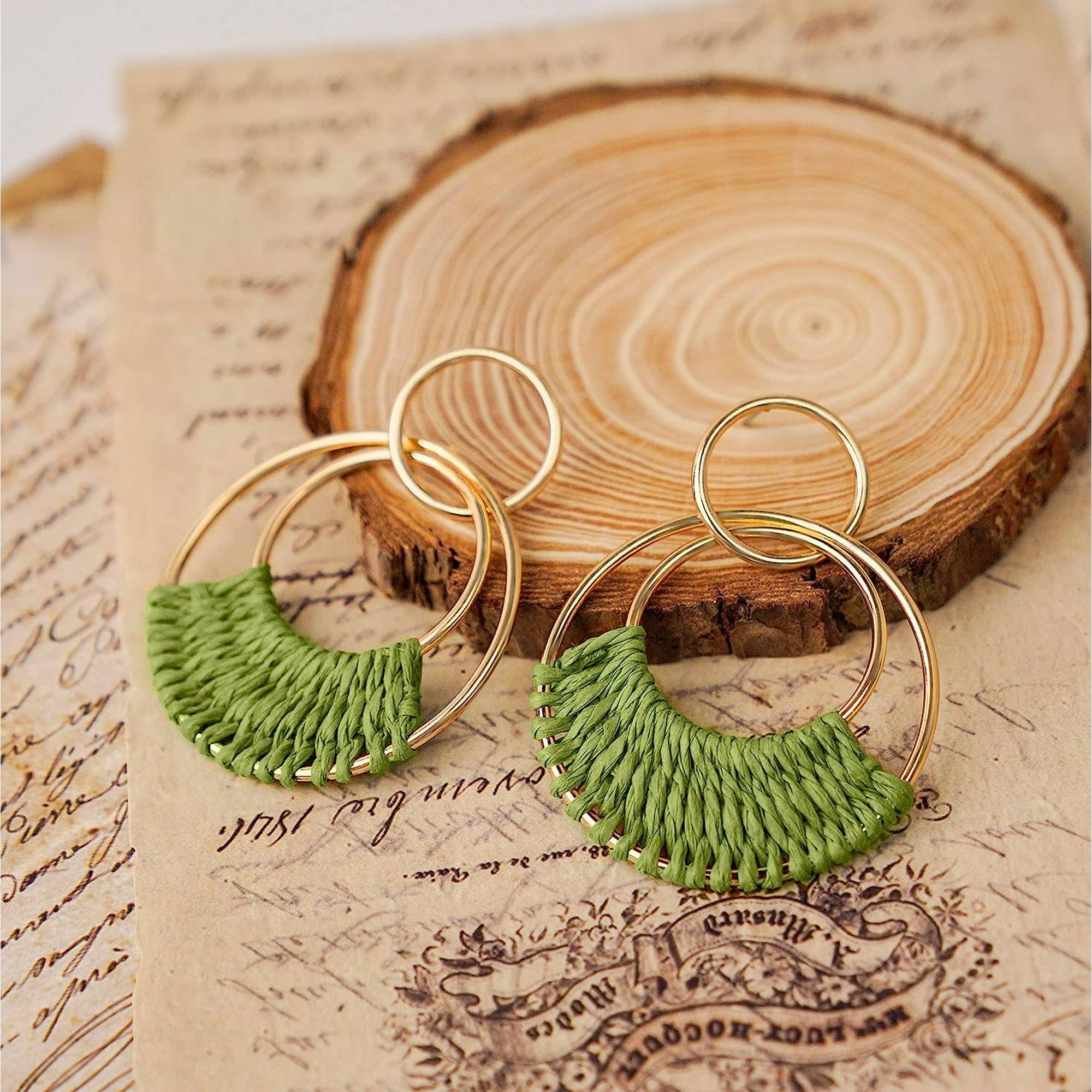 Boho Rattan Hoop Earrings For Women - Beach Statement Drop Earrings Summer