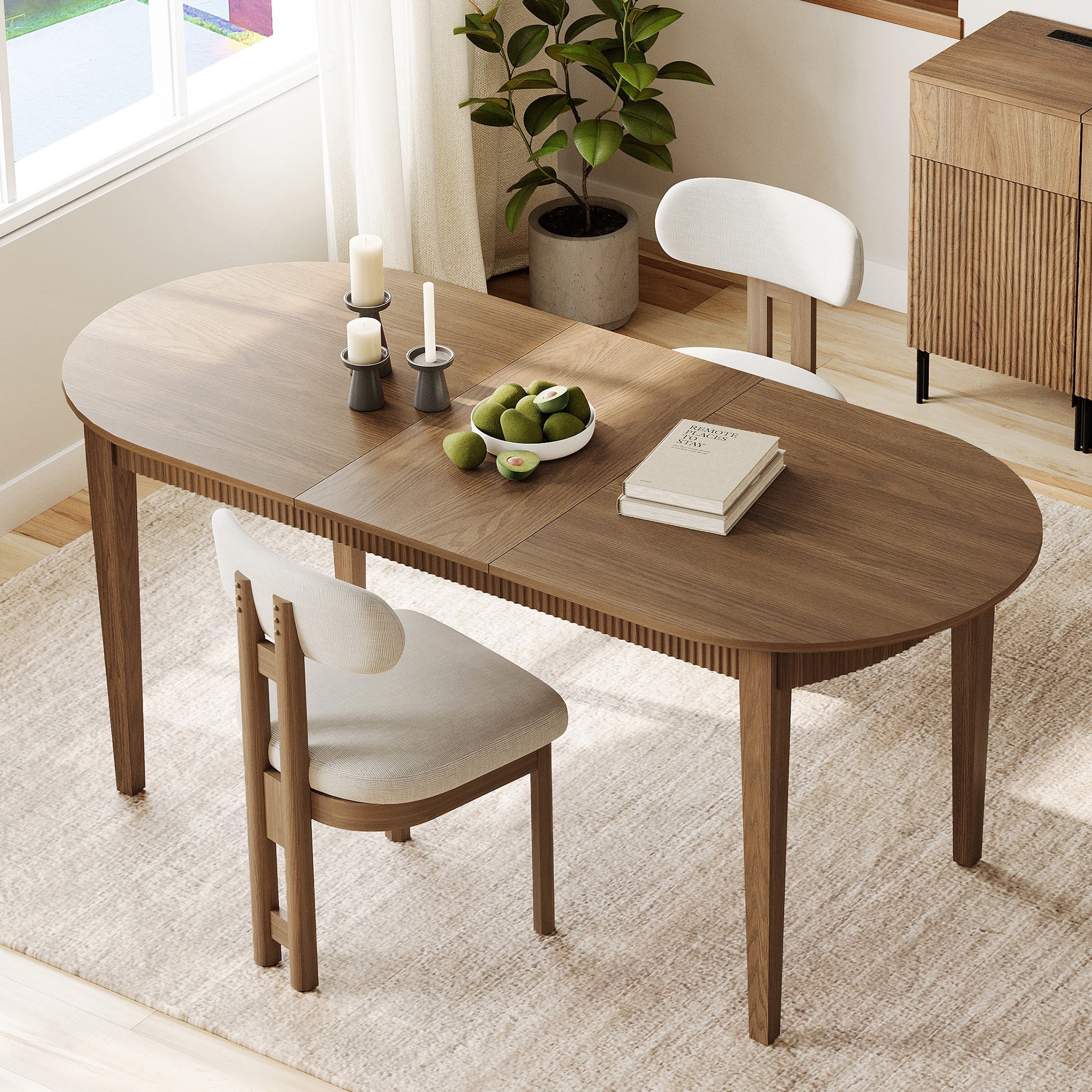 3 Piece Modern Dining Table Set, 73" Solid Wood Oval Dining Table with 2 Polyester Chairs, Dining Set with Fluted Apron for Kitchen & Dining Room