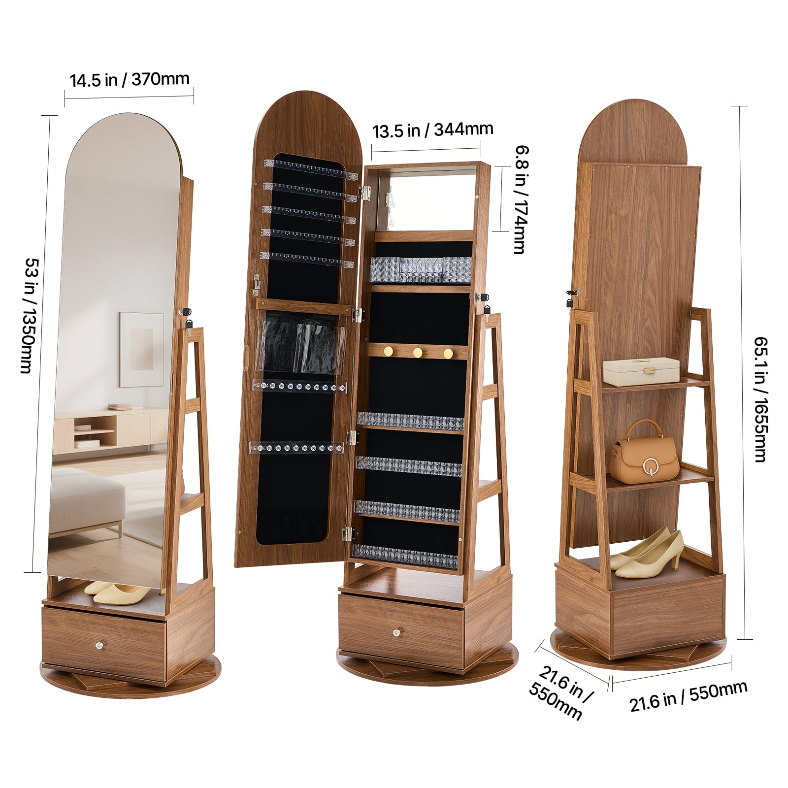 KFFKFF 360° Rotating Jewelry Cabinet, 65.1-inch Tall, Full-Length Mirror with Storage, Freestanding Jewelry Organizer, Lockable with Keys, Accessory Compartments, Shelves, and Drawer