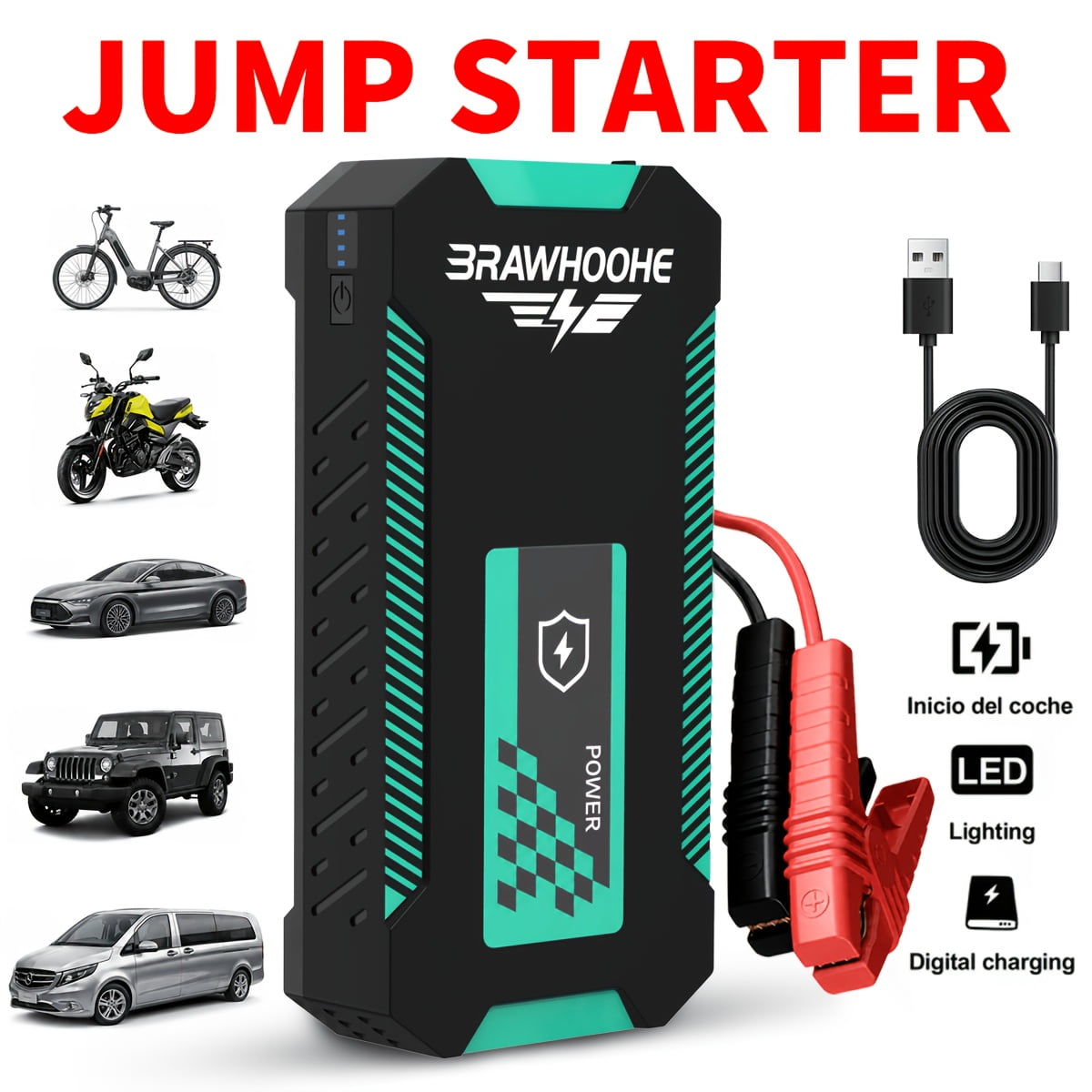 Car Battery Jump Starter Ultrasafe 12V Lithium Battery Booster Pack Portable Jump Box with Jumper Cables Dual USB Power Bank Charging and LED Lighting