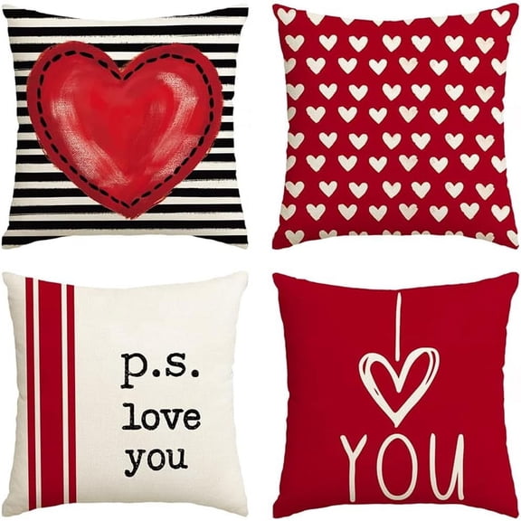 Valentines Day Outdoor Pillow Covers, 18 x 18 inch Set of 4 Waterproof Throw Pillow Cases, Love Cushion Decor for Home Outside Patio Front Porch House Farmhouse 2024(Style A)