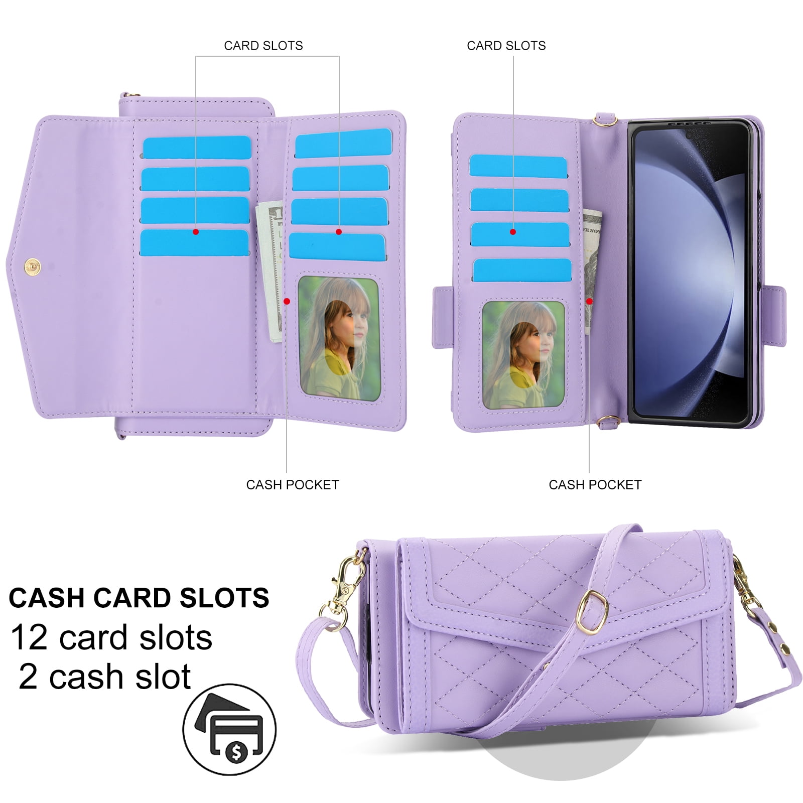 for Samsung Galaxy Z Fold 4 Case Wallet with S Pen Holder for Women, 12 Card Holder & 2 Cash Pocket & Shoulder Strap & Wristlet Flip Stand PU Leather Phone Case with RFID Blocking, Lightpurple