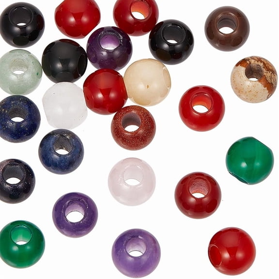 24 Pcs 10x8.5mm Natural Stone Beads Random Round Loose Gemstones 4mm Hole Beads Dyed Assorted Large Hole Stones Gemstone European Beads for DIY Necklace Charm Bracelet Jewelry Making Colorful