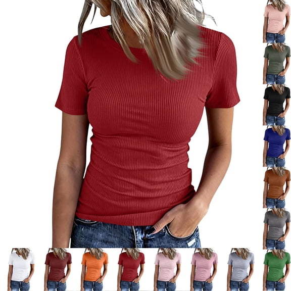 Fshiont Dressy Knit Womens Short Sleeve Stretch Crewneck Ribbed T-Shirt Fitted Casual Basic Tops Red L
