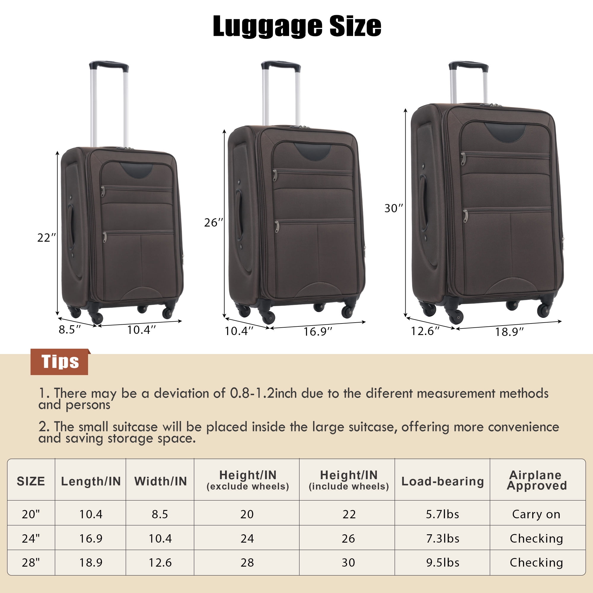 EUROCO 5 Piece Softside Luggage Set,Expandable Suitcase Set with Duffel Bag,TSA Lock and Spinner Wheels,Lightweight Suitcase for Men Women,Brown