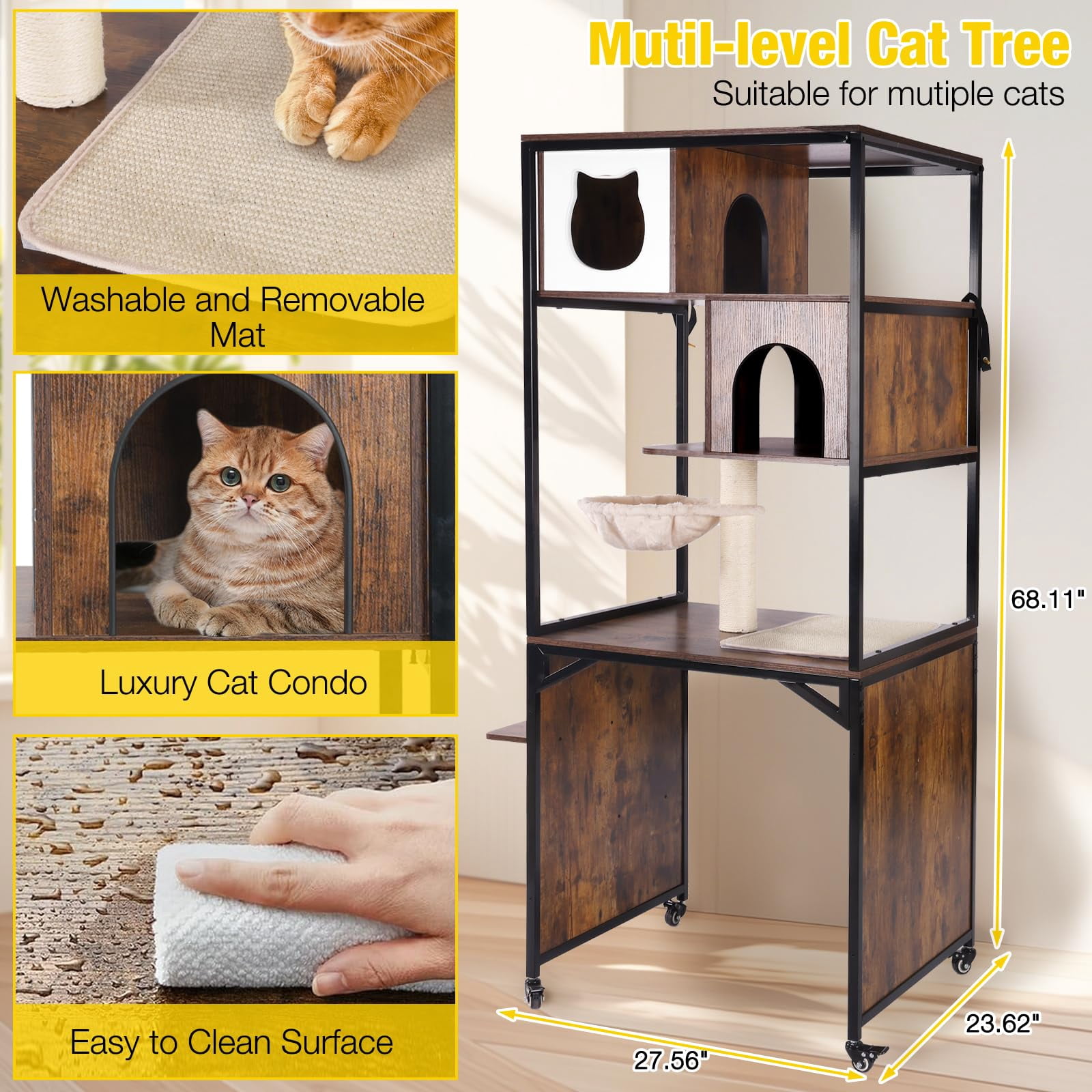 Aivituvin Cat Tree, 68-Inch Cat Tower for Indoor Cats, Wood Cat Condo Furniture with Litter Box Enclosure, 2-in-1 Modern Cat Tower