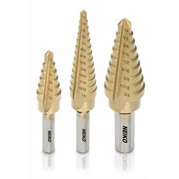Neiko 10193A Titanium Step Bits, Unibit Set, 28 Sizes, High Speed Steel, Standard (SAE) Step Drill Bit Set, Step Bits for Metal. Industrial Unibit Straight Tri-Flat Shank 1/8 to 3/4"