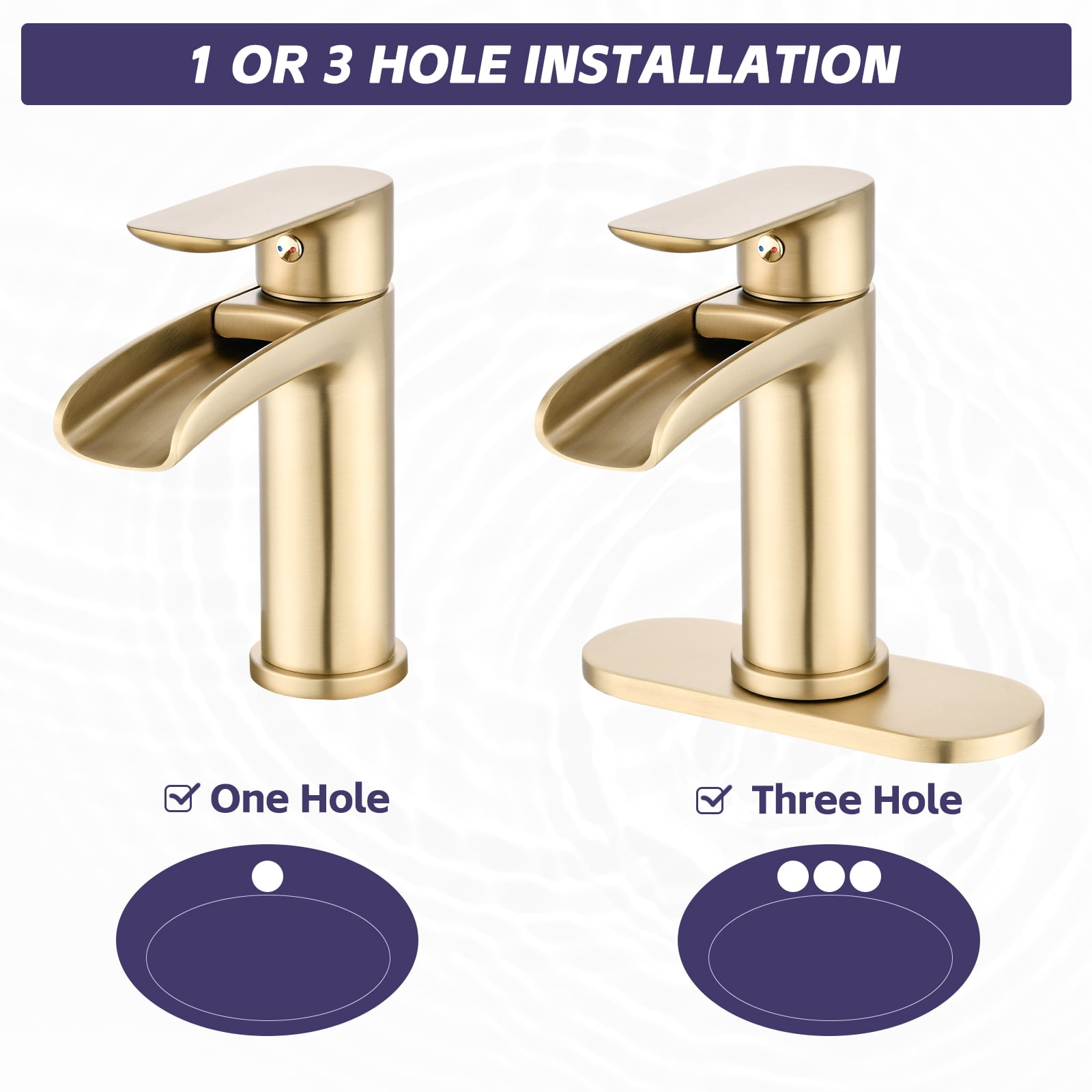 Waterfall Bathroom Faucet Single Handle Bathroom Sink Faucets 1 or 3 Hole Solid Vanity Faucet with Deck Plate & Overflow Pop Up Drain Brushed Gold