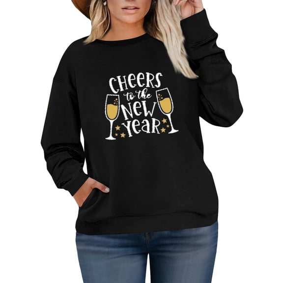 Women's Plus Size Christmas New Year Printed Sweatshirt, Long Sleeve Casual Pullover Top, CHEERS to the NEW YEAR Graphic Fashion Hoodie,Black,L