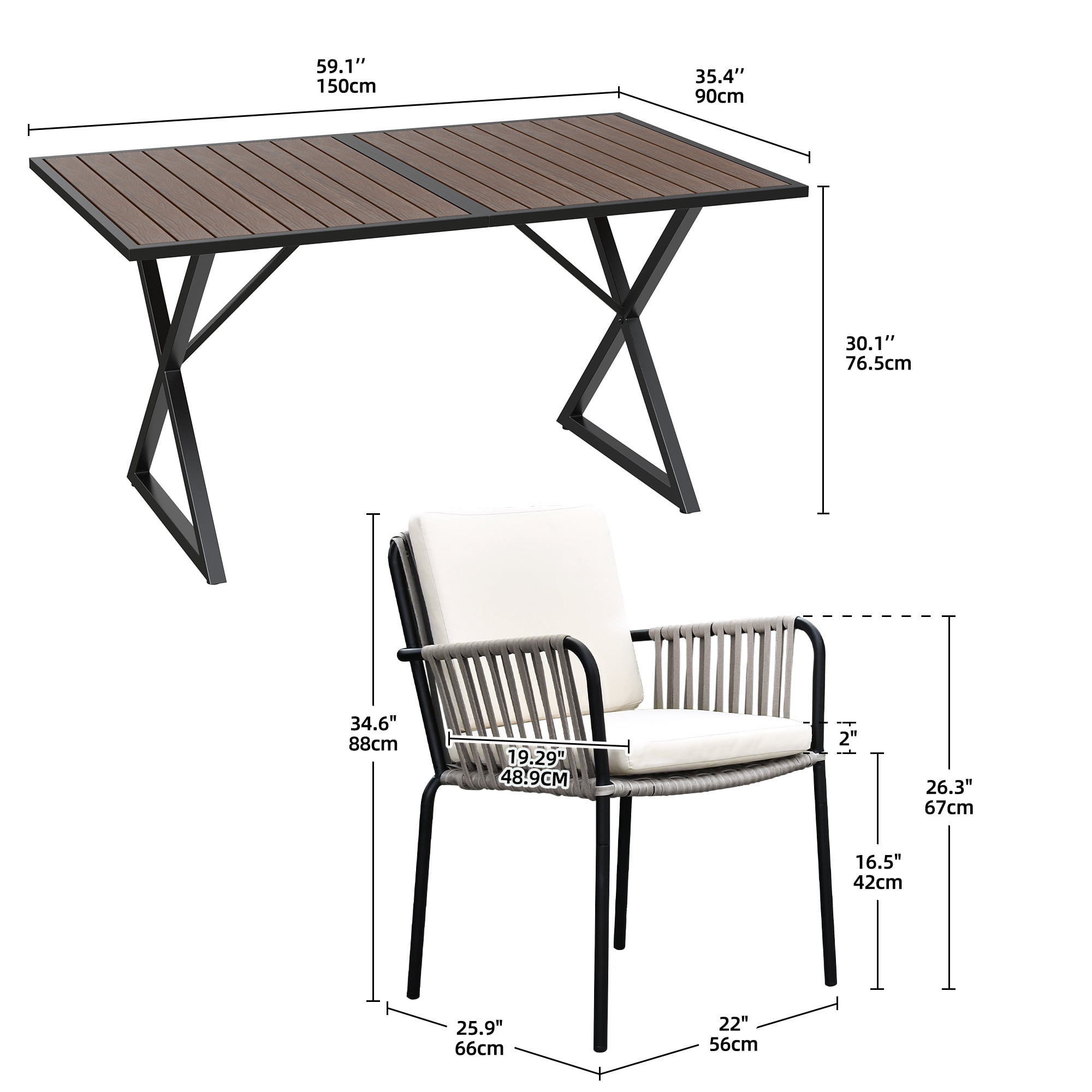 Uforic 5 Piece Patio Dining Set,All-Weather Comfortable 4 Rope and Rattan Chairs with Faux Wood Tabletop Table for Courtyard Backyard Poolside Balcony, Brown & Gray