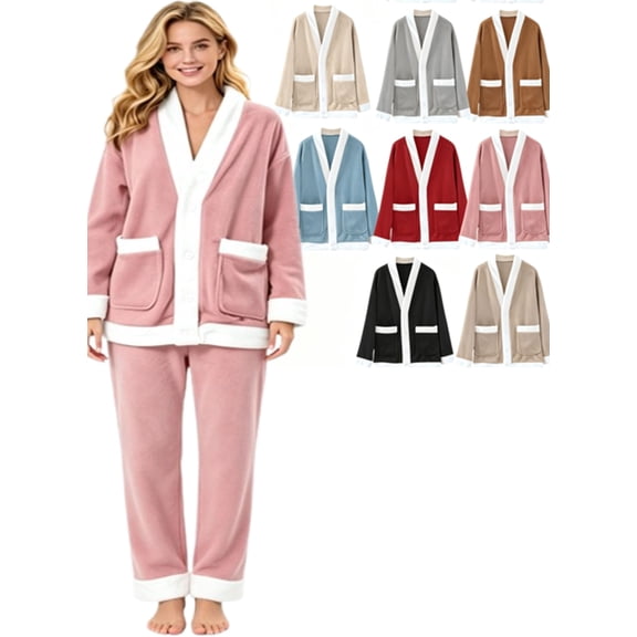 APEXFWDT Women's Flannel Fleece Bed Jacket V Neck Button Front Soft Warm Coat Long Sleeves Front Pockets Lounge Coverup with Pockets,XXXL,Brown