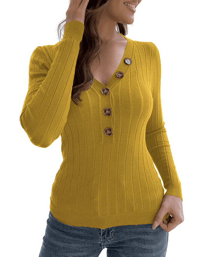 McVanedy Women's Long Sleeve V Neck Ribbed Button Knit Sweater Solid Color Tops S-XL 