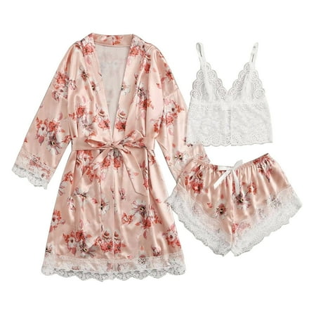 

BIZIZA Pajama Set for Womens 3 Piece PJ Sets with Robe Soft Sleepwear Loungewear Cami Top and Shorts Orange S