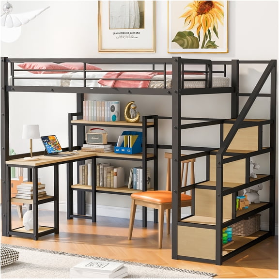 JERFIT Full Loft Bed with Stairs, Desk, Shelves, Black
