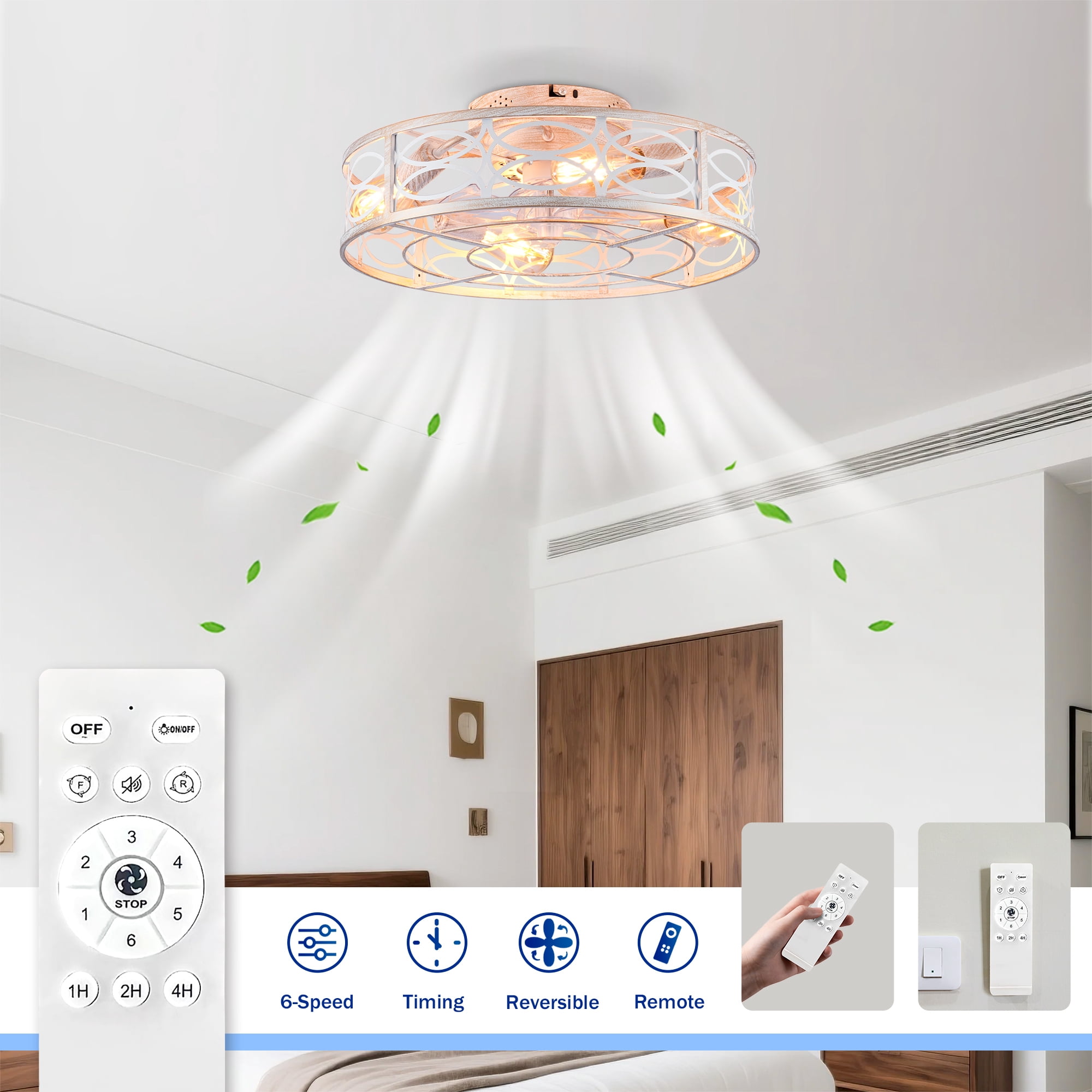 Leumius 20" Caged Ceiling Fans with Lights and Remote, Flush Mount Caged Ceiling Fan 6 Speed Reversible with Remote Control for Living Room Bedroom Dining Room White (NOT Included Bulbs)
