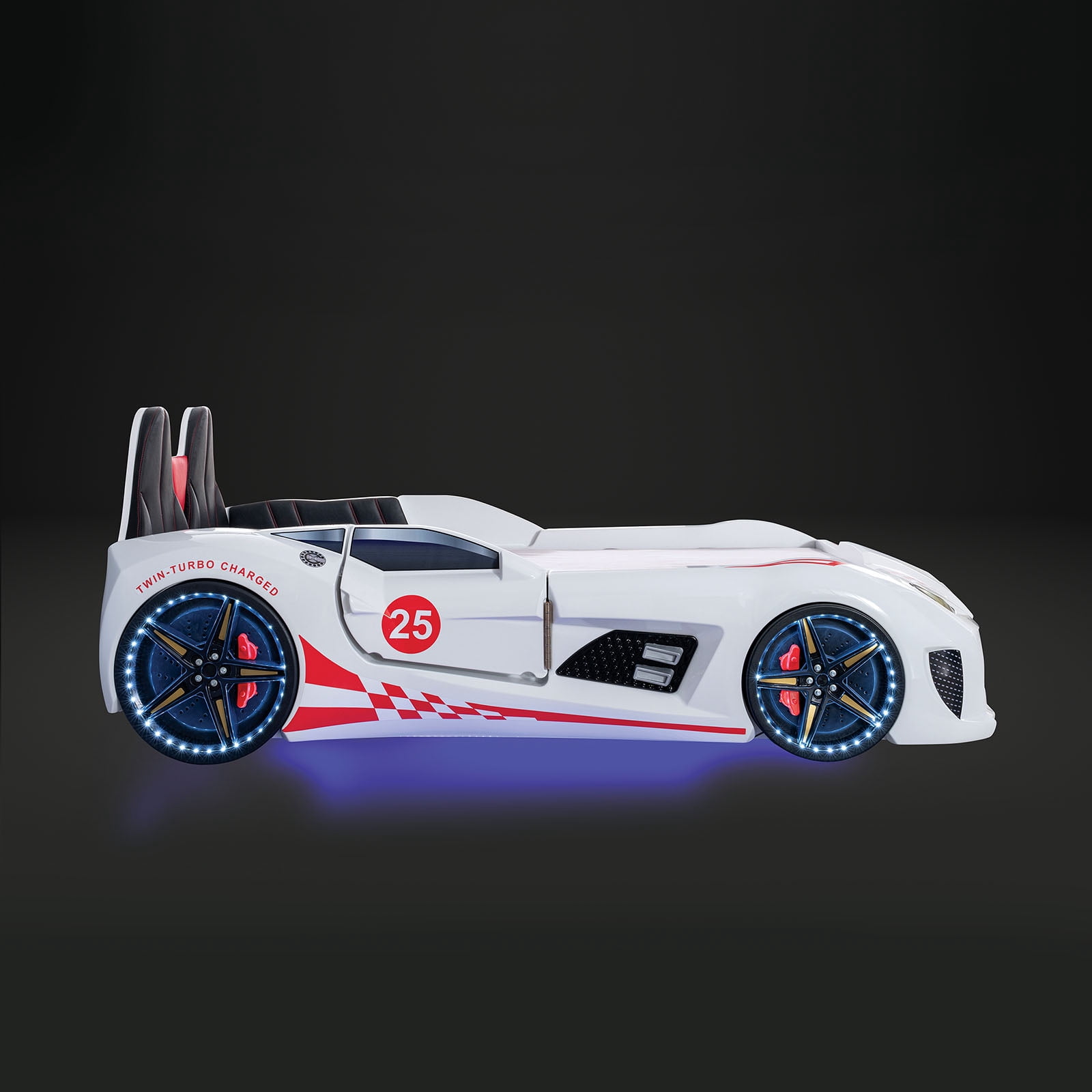 Bed Frame Modern Novelty Style Twin Size Race Car Design Bed Attached Two Magnetic Doors With LED Lights On Wheels And Bottom Upholstery Headboard And Sides White Finish
