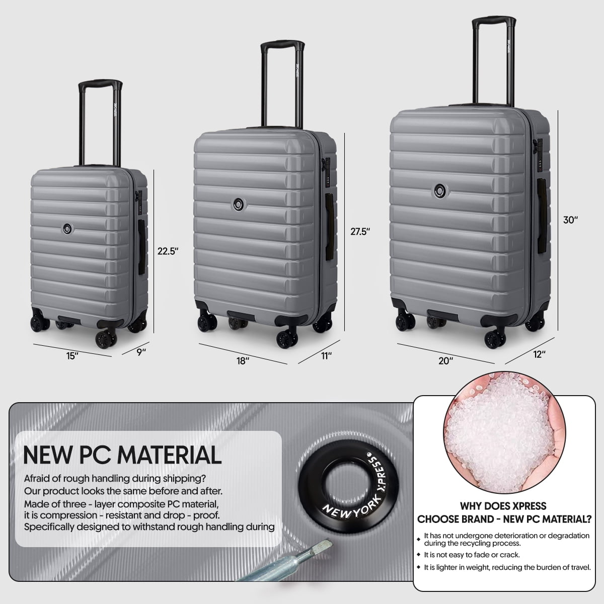 3 Piece Hardshell Luggage Set Expandable Hardside Suitcase with Spinner Wheels and TSA Lock, Lightweight Carry on and Checked Luggage 20" 25" 29", Silver, LA13601
