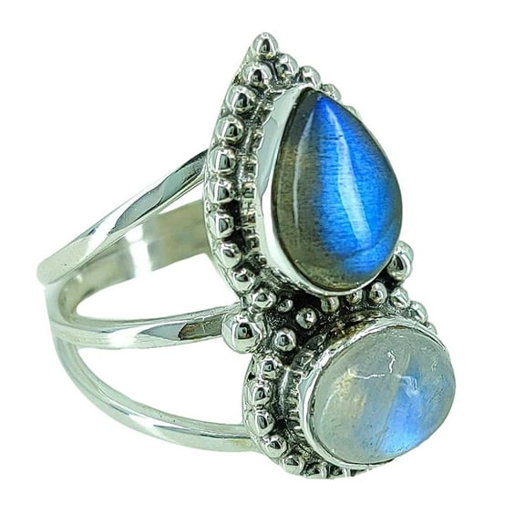 Rainbow Moonstone, Labradorite 925 Solid Sterling Silver Handmade Women Statement Ring size 4.0