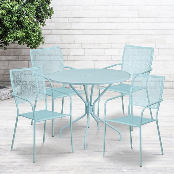 Flash Furniture Commercial Grade 35.25" Round Sky Blue Indoor-Outdoor Steel Patio Table Set with 4 Square Back Chairs