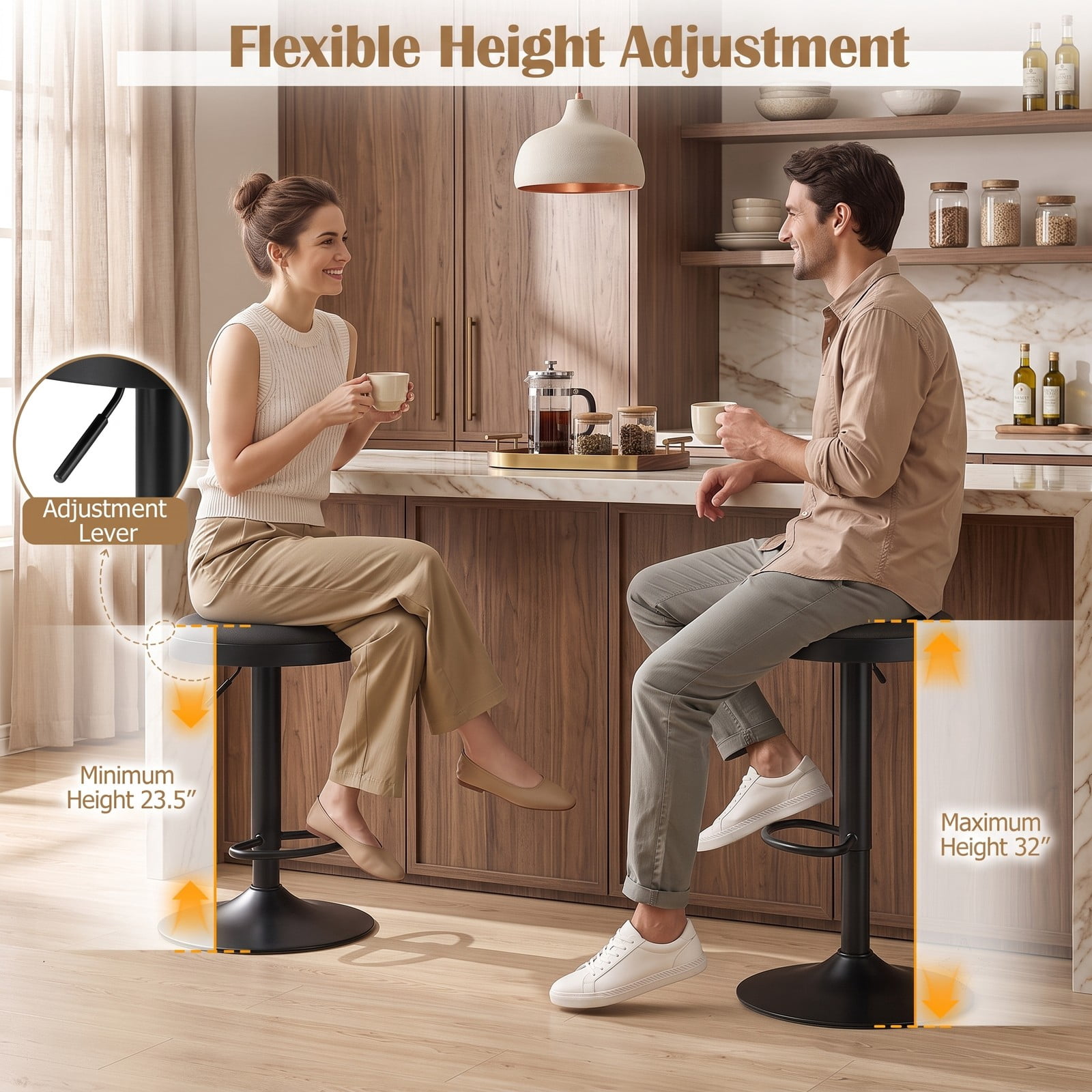 Furnibear Set of 2 Adjustable Bar Stools, 360 Swivel Kitchen Counter Height Stools with Padded Fabric Seat, D-Shaped Footrest and Non-Slip Base, 330 lb Capacity, Black