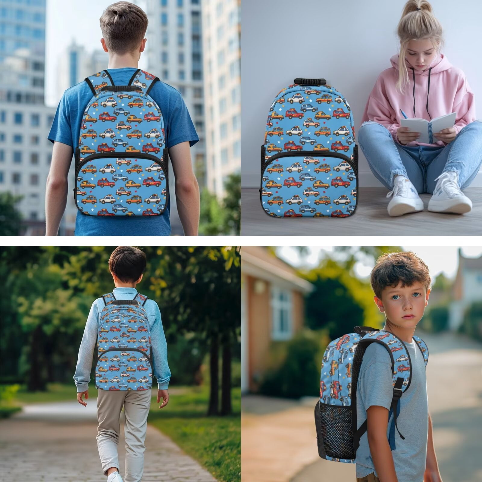 Pzuqiu Cartoon Car Print Back Pack for School Girls 4 pcs 17 Inch Kids Backpack Lunch Bag with Pencil Case,Cute Travel Rucksack Camping Schoolbag for Teens Middle School