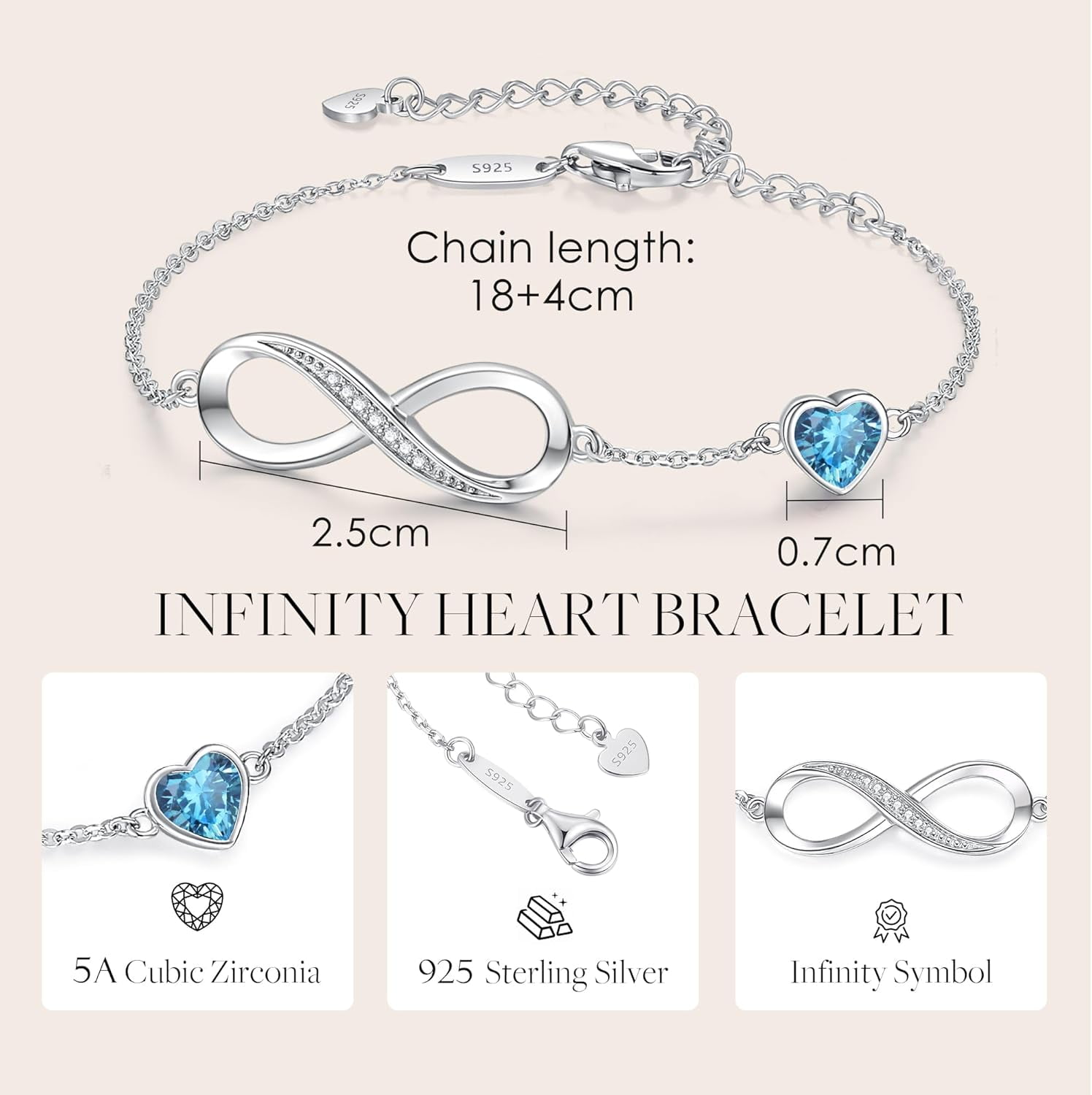 Tilga Infinity Heart Birthstone Charm Link Bracelet for Women 925 Sterling Silver Adjustable Mother's Day Gift Anniversary Birthday Jewelry for Wife Girlfriend Her