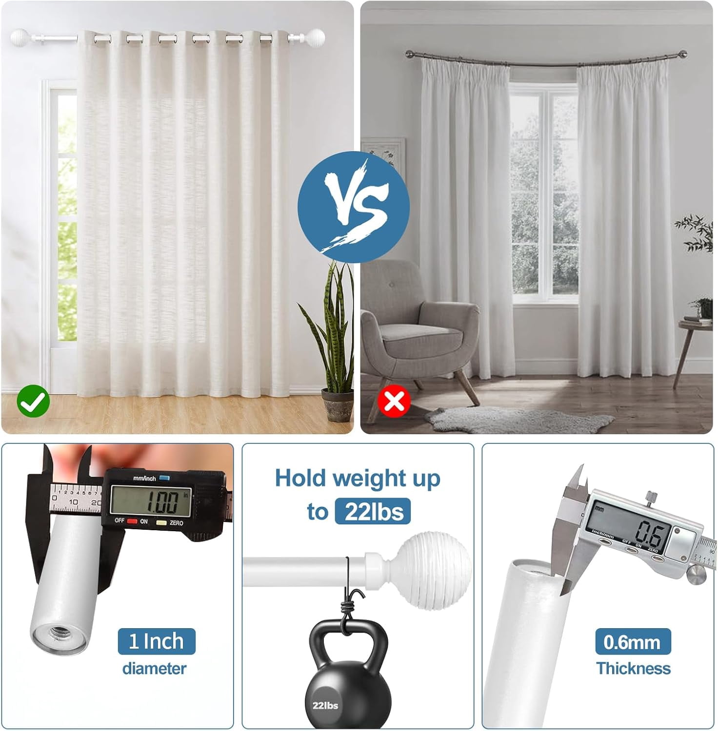Urbanest Adjustable Single Curtain Rod Set Favo Finials – 1 - Inch Diameter, With Glossy White Rod, 84–120 Inches