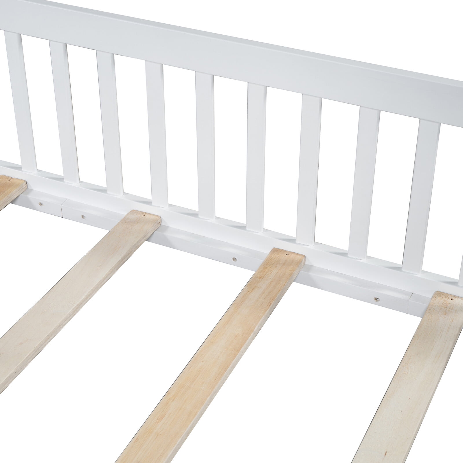 Full Size Floor Bed with Door and Slats,Montessori Floor Bed with Safety Guardrails,House Platform Bed for Girls and Boys,White