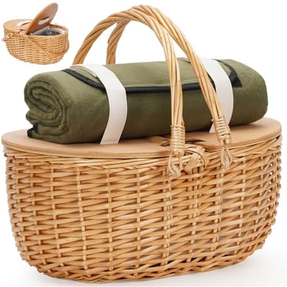 15" Cooler Picnic Basket with Blanket, Wooden Split Lid Picnic Basket, Vintage-Style Wicker Picnic Hamper with Folding Woven Handle for Picnic, Camping$$Garden & Patio