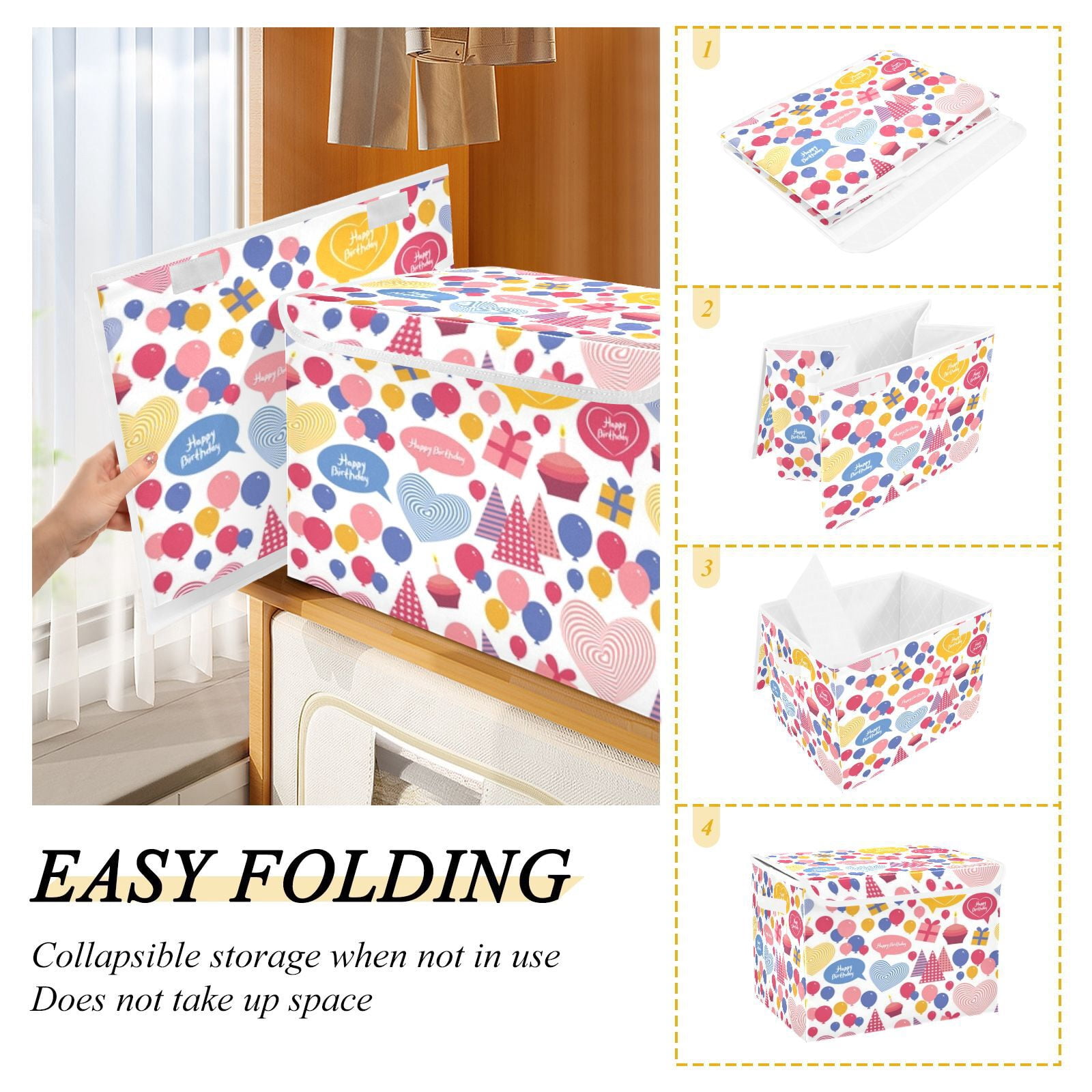 Happy birthday party balloons Storage Bins with lid, Decorative Boxes for Shelves, Closet Organizer Basket with Handles, Large,